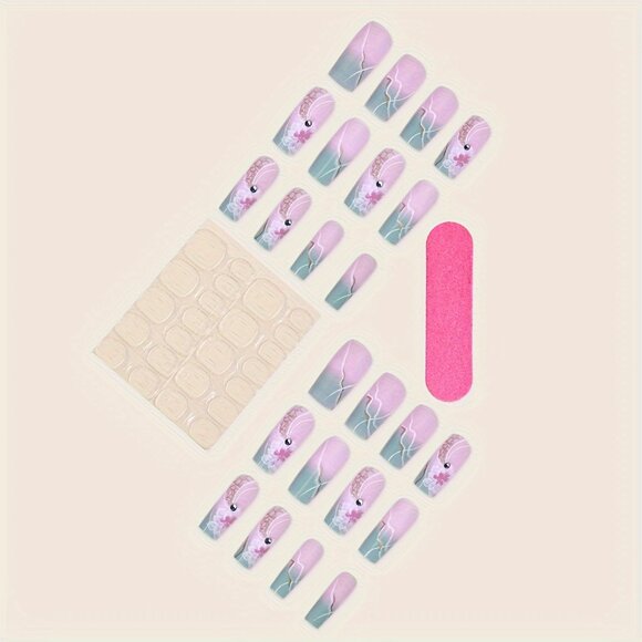 24pcs Set of Long Square Purple Gradient Press-On Nails with Floral Print Design - Picture 4 of 6